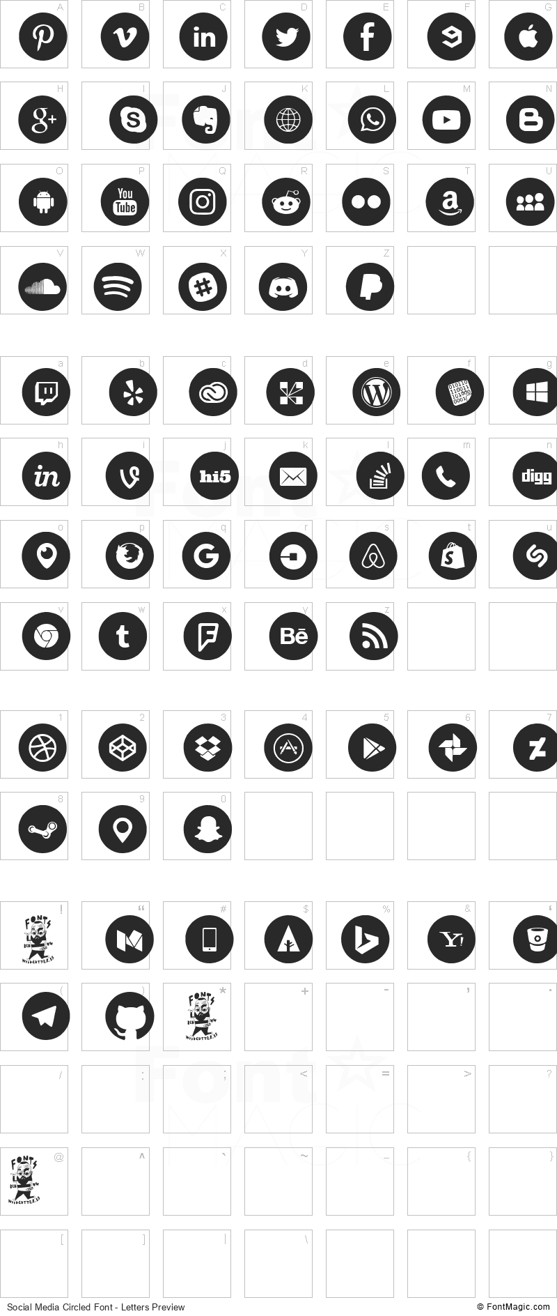 Social Media Circled Font - All Latters Preview Chart