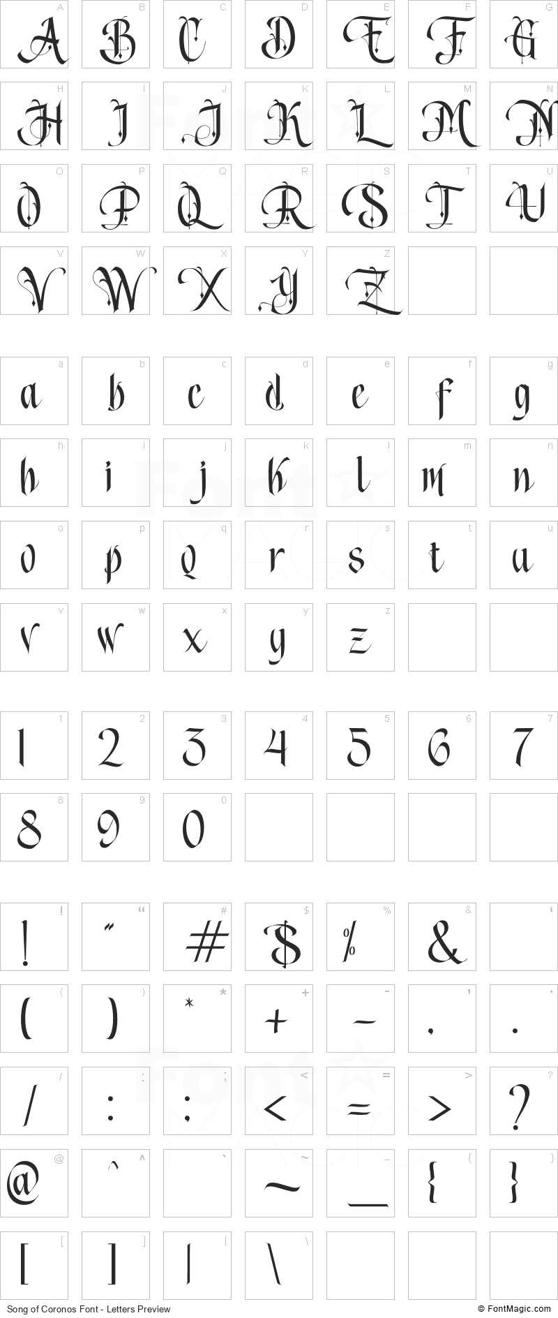 Song of Coronos Font - All Latters Preview Chart