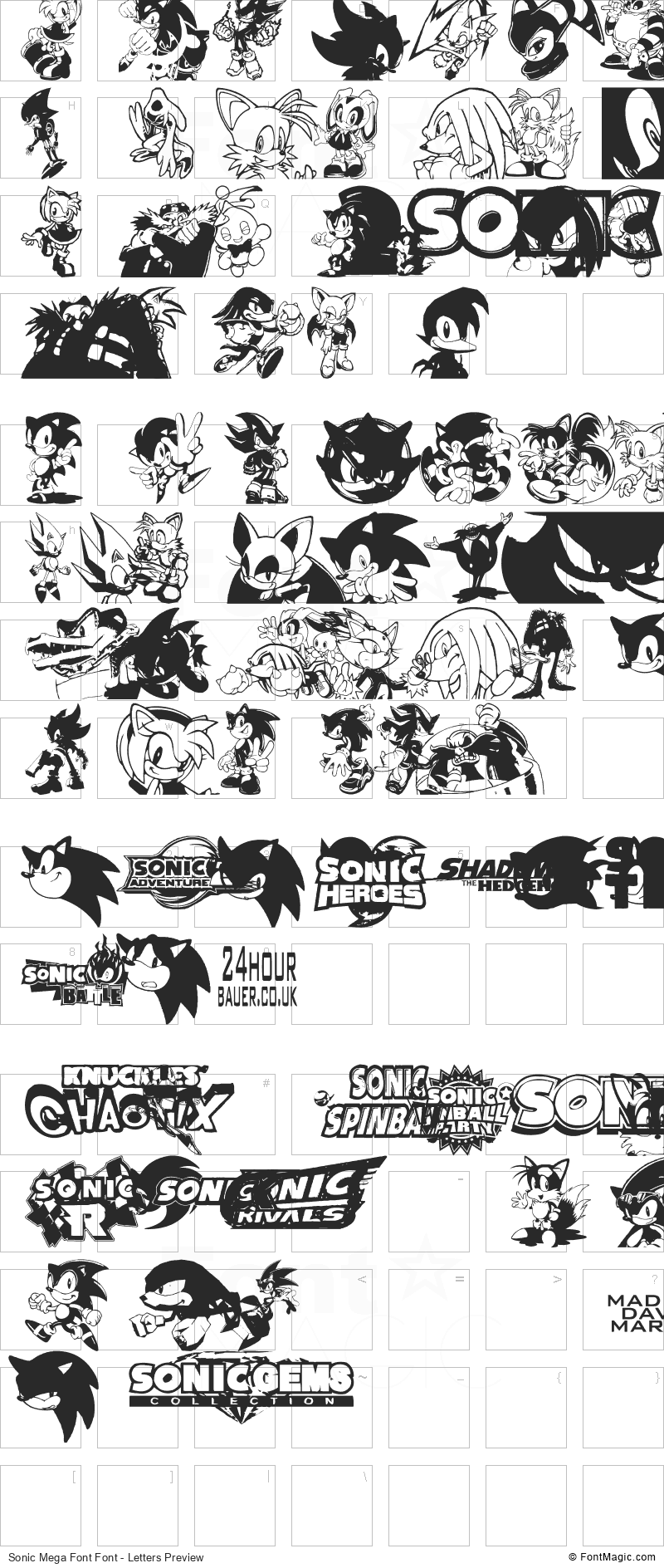 Sonic Mega Font Font - All Latters Preview Chart