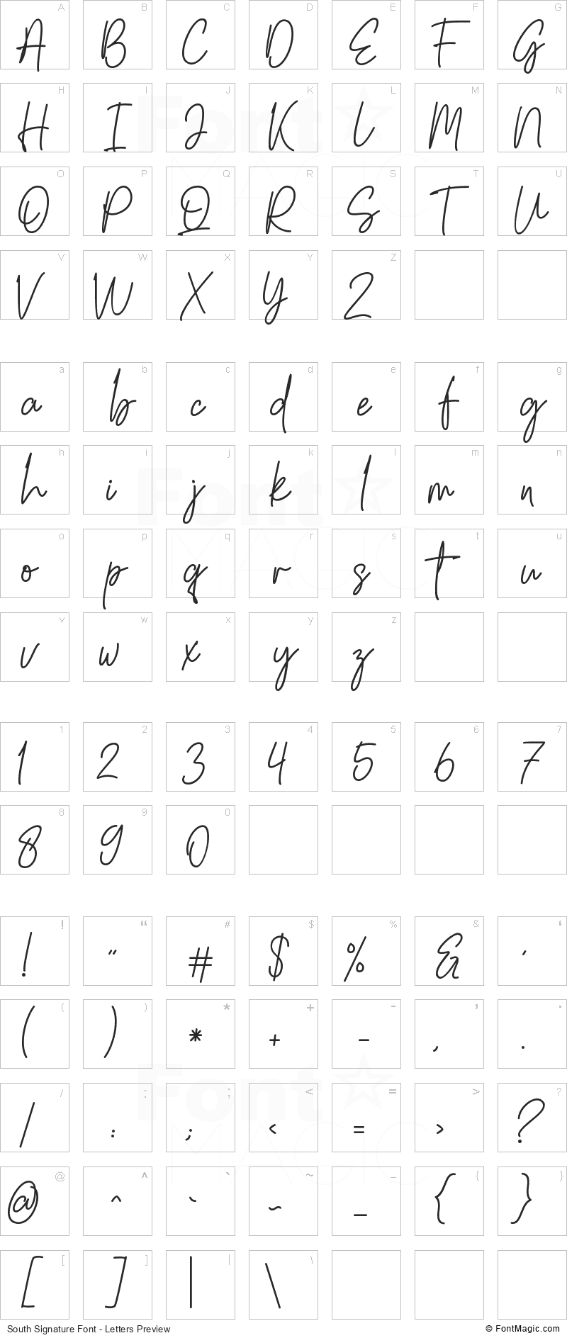 South Signature Font - All Latters Preview Chart