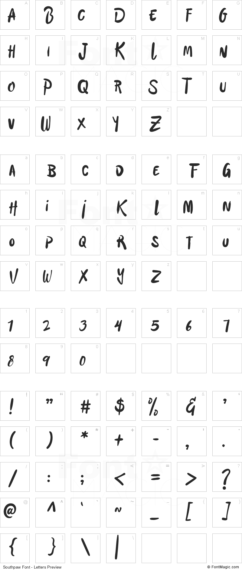 Southpaw Font - All Latters Preview Chart