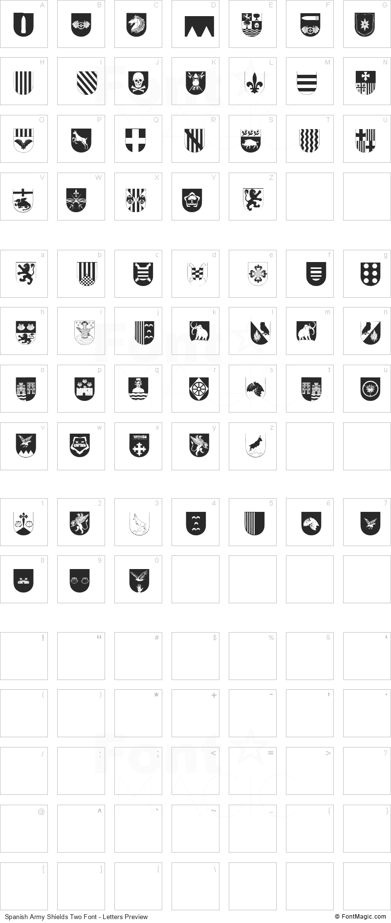 Spanish Army Shields Two Font - All Latters Preview Chart