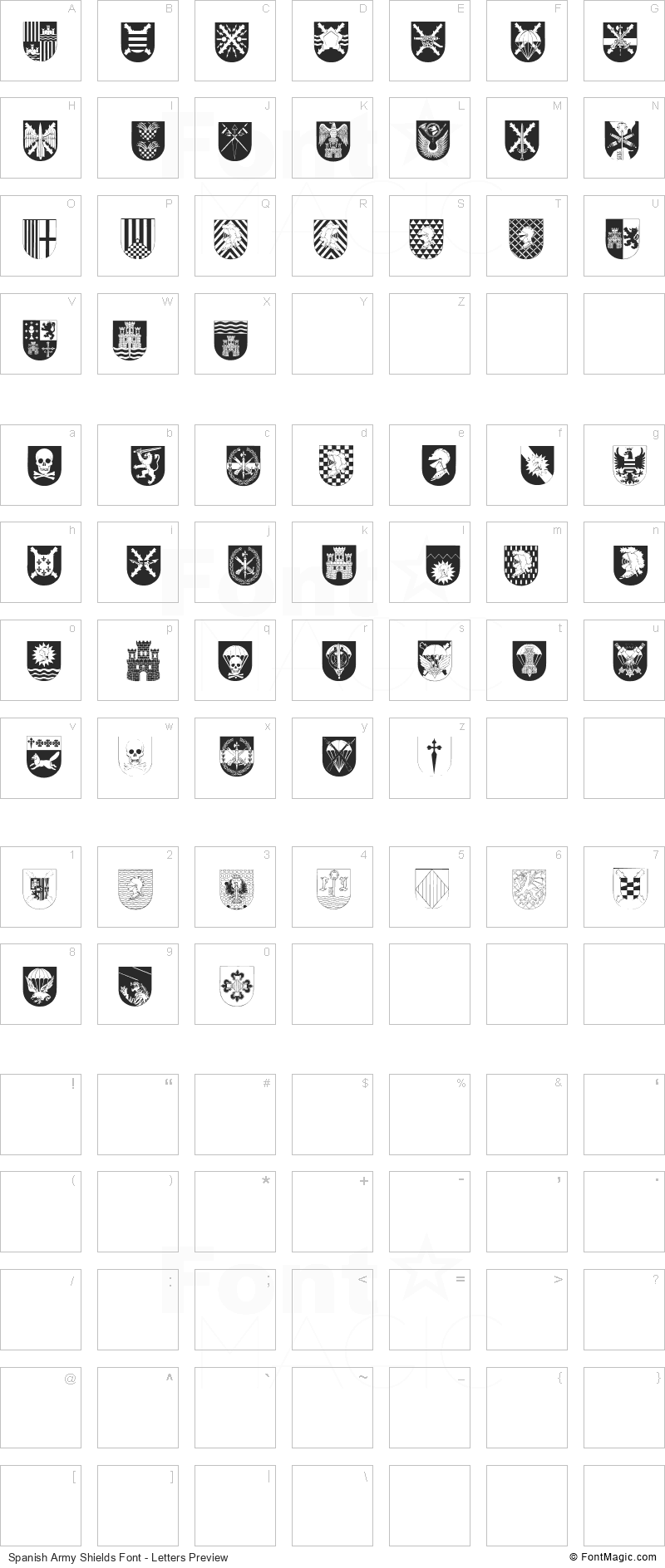 Spanish Army Shields Font - All Latters Preview Chart