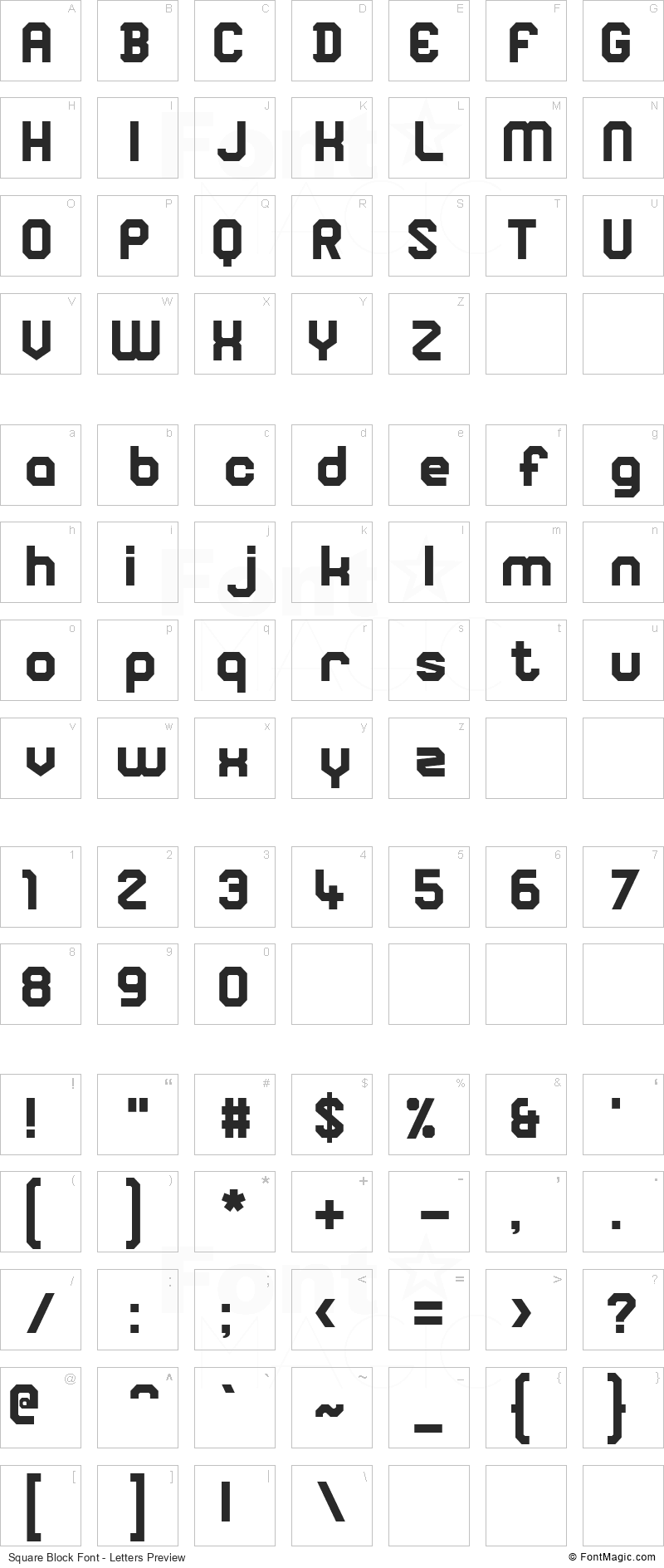 Square Block Font - All Latters Preview Chart