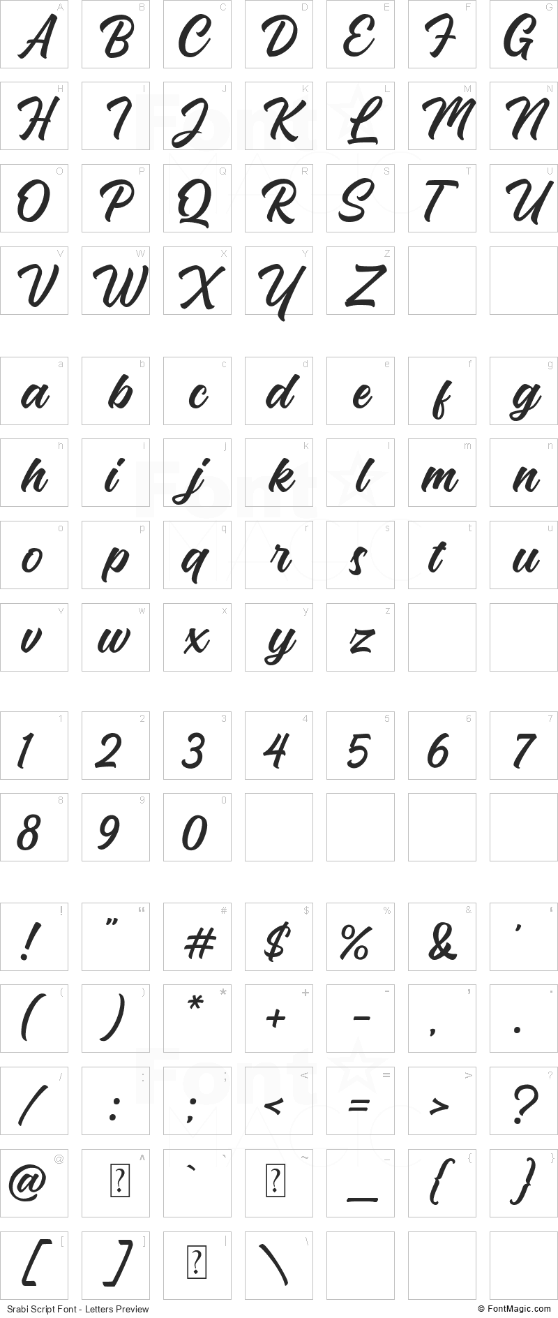 Srabi Script Font - All Latters Preview Chart