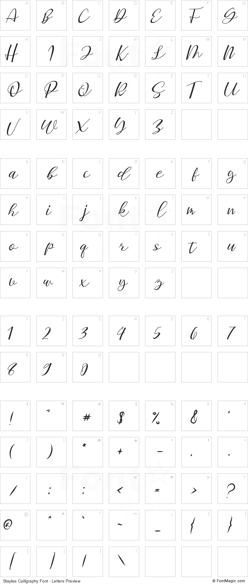 Staples Calligraphy Font - All Latters Preview Chart
