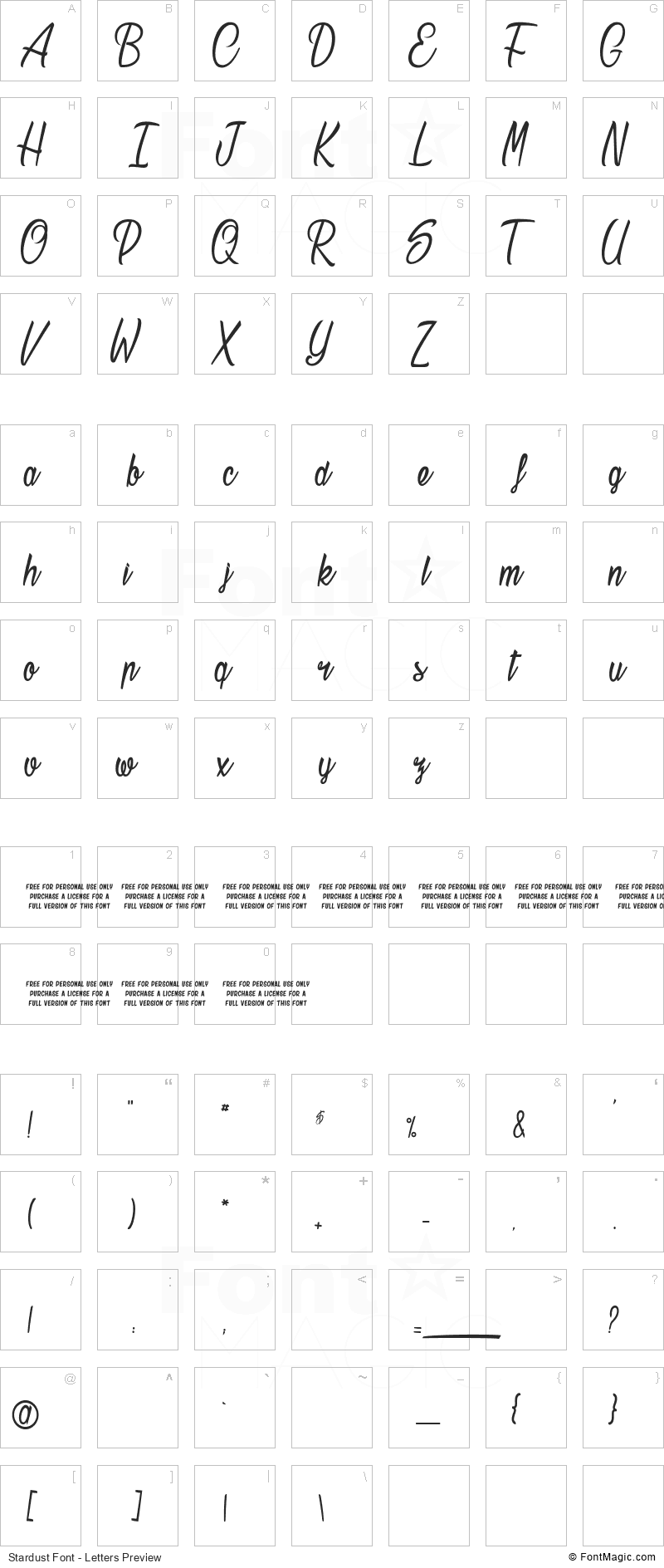 Stardust Font - All Latters Preview Chart
