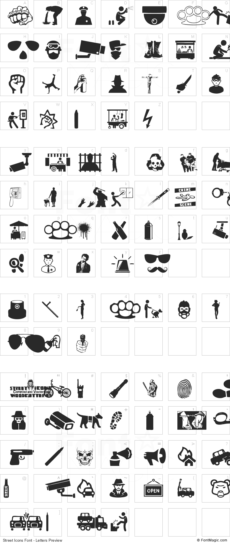 Street Icons Font - All Latters Preview Chart