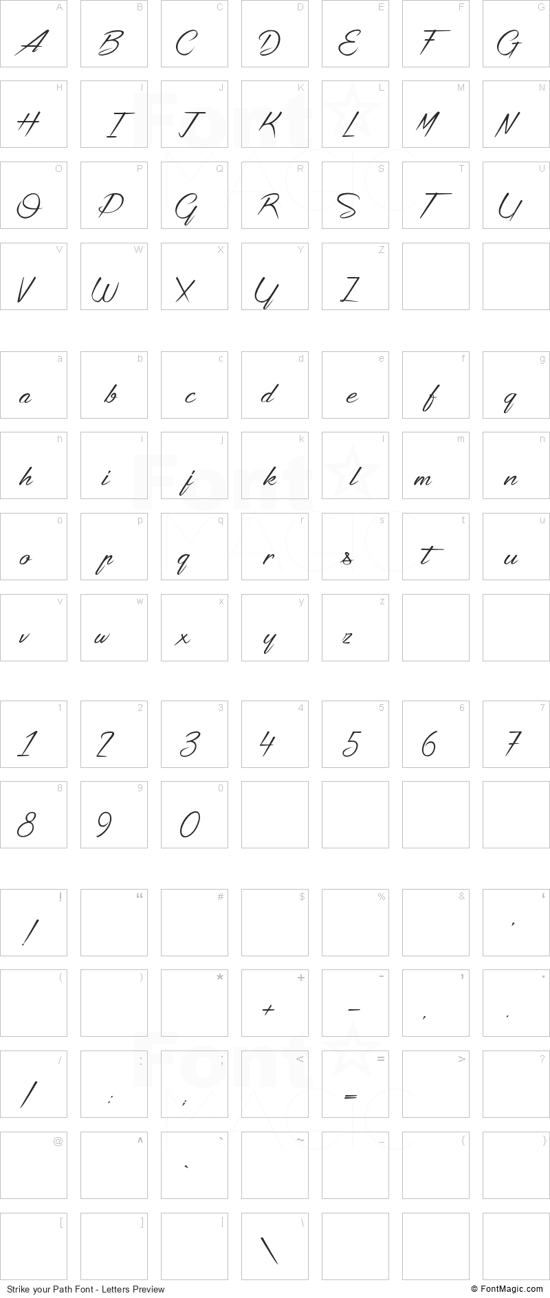 Strike your Path Font - All Latters Preview Chart