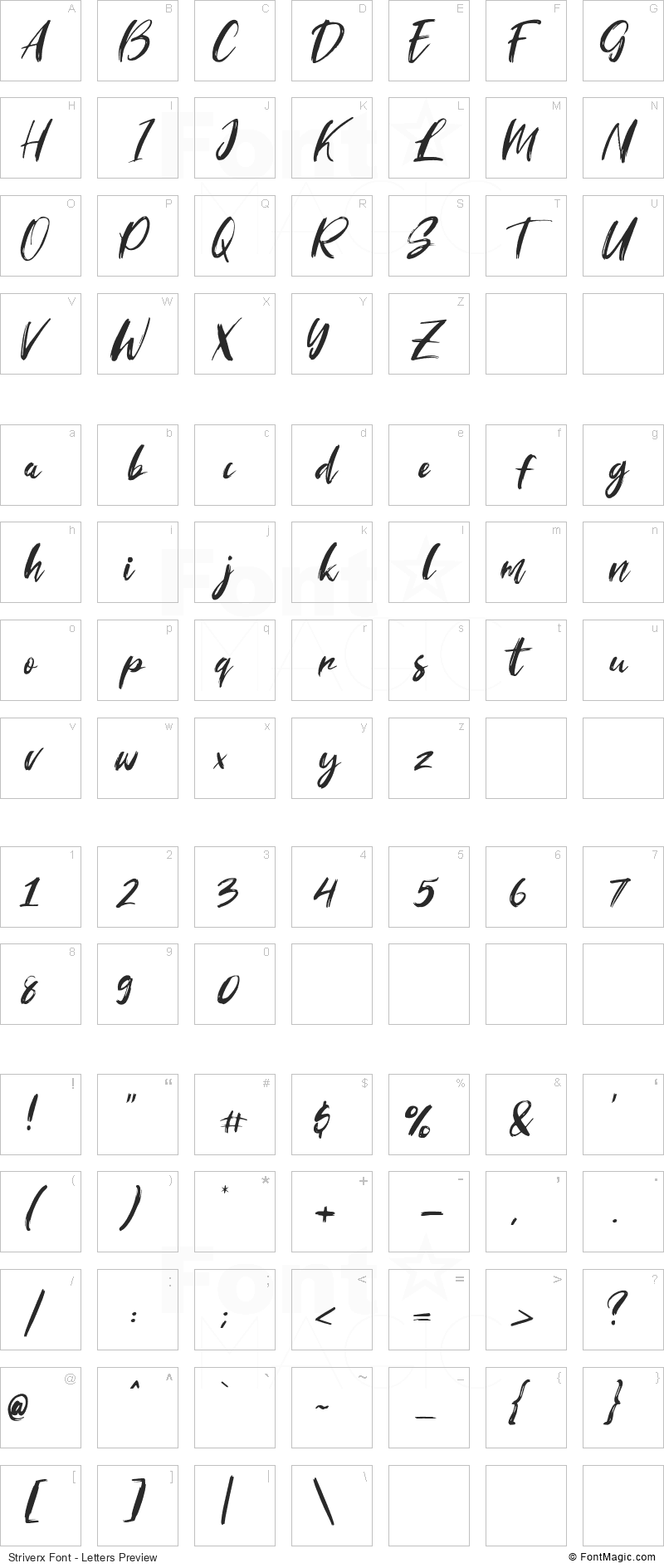 Striverx Font - All Latters Preview Chart