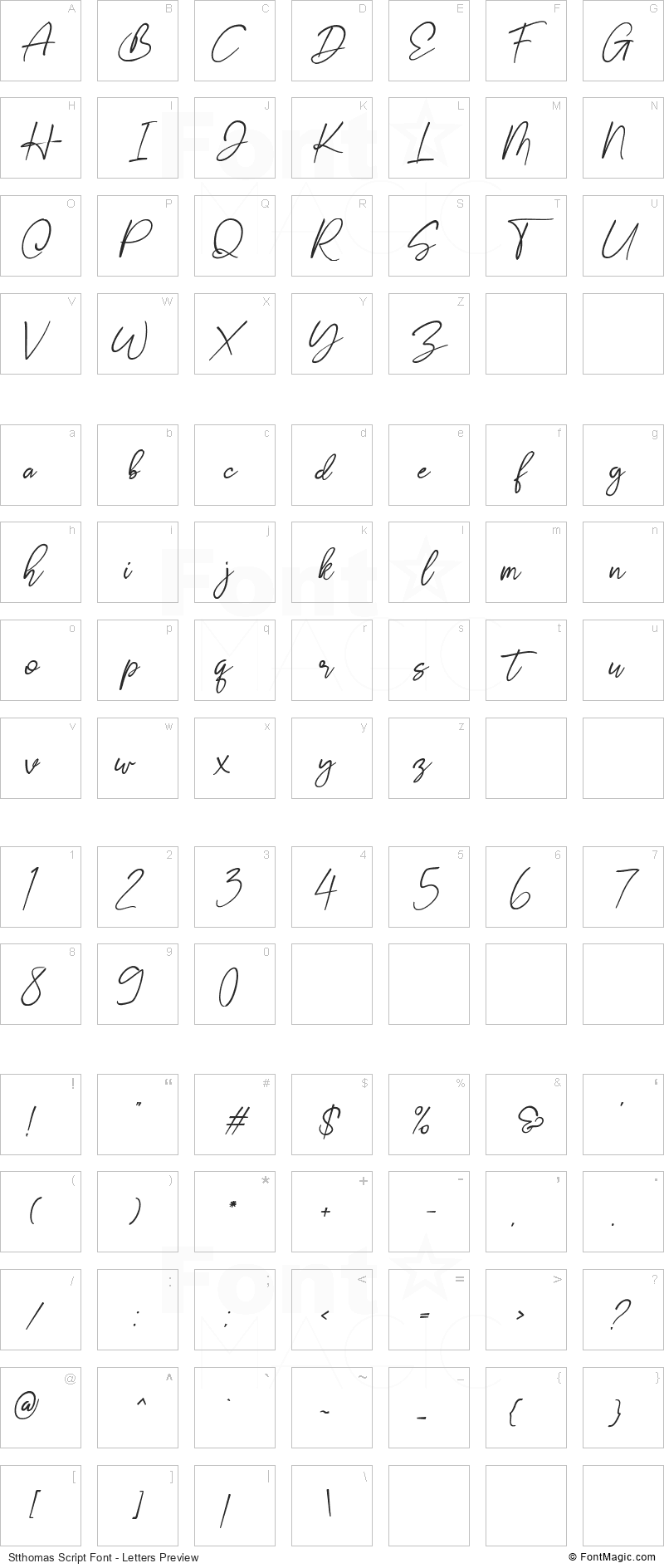 Stthomas Script Font - All Latters Preview Chart