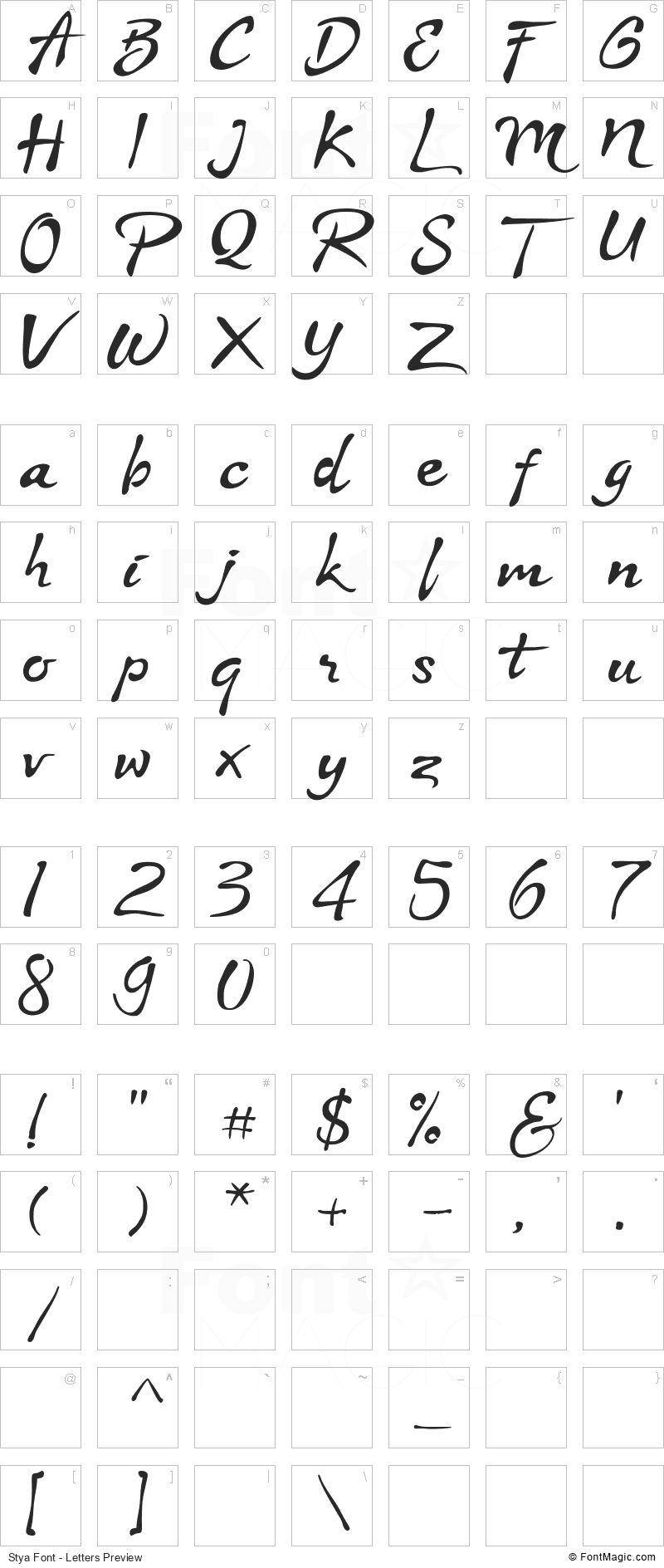 Stya Font - All Latters Preview Chart
