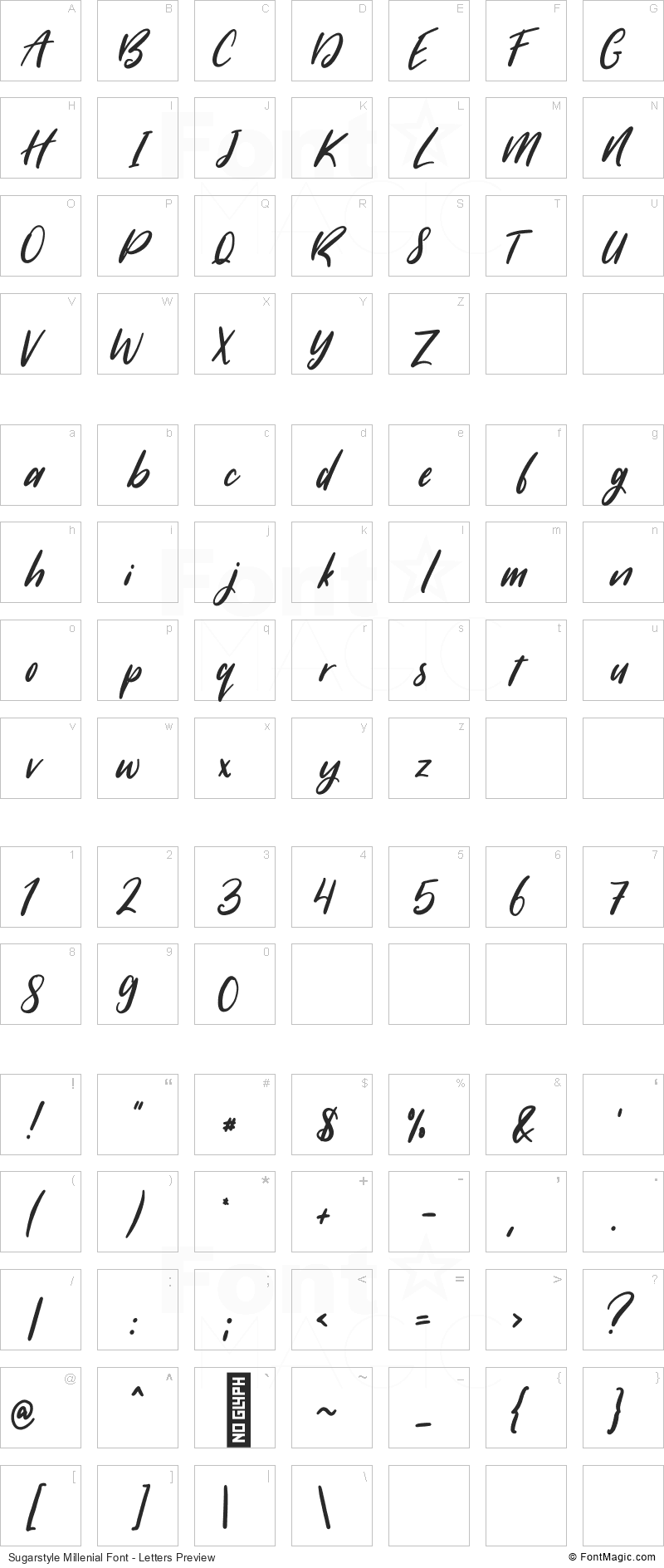Sugarstyle Millenial Font - All Latters Preview Chart