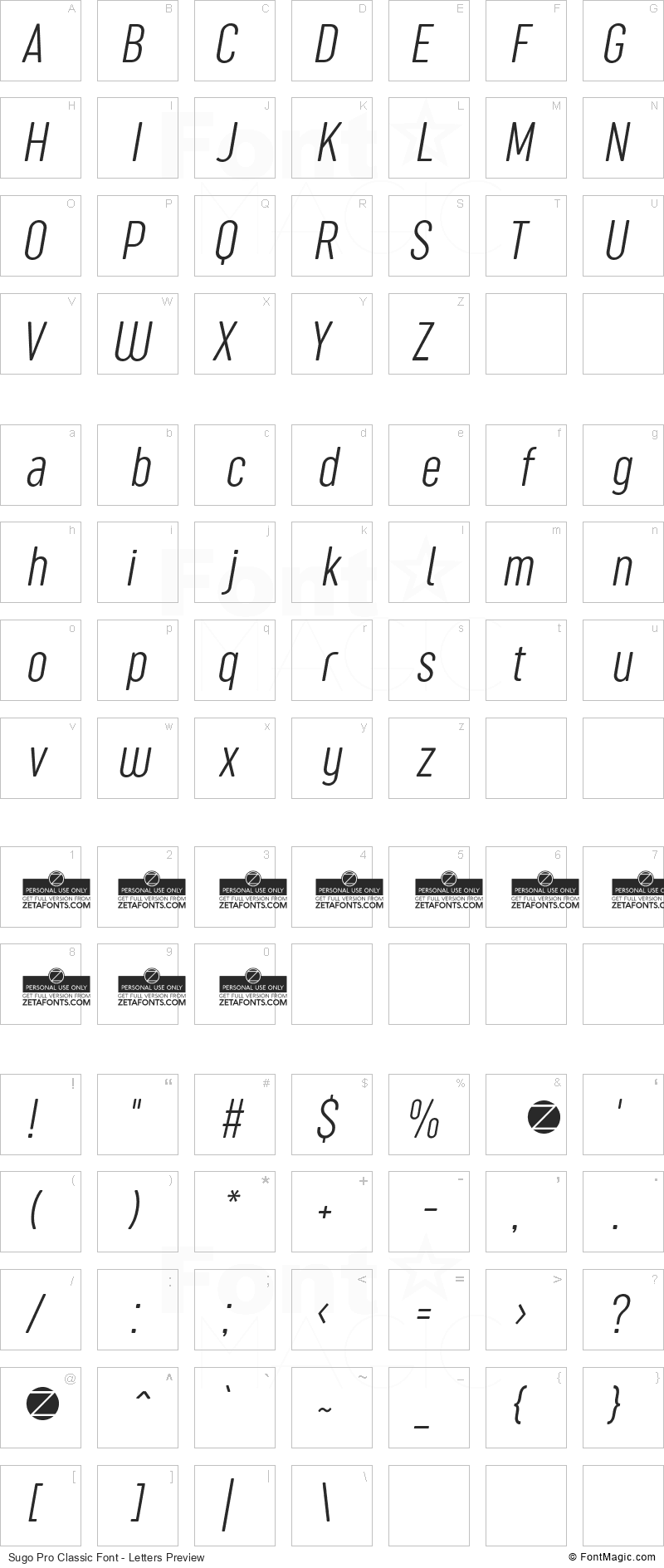Sugo Pro Classic Font - All Latters Preview Chart