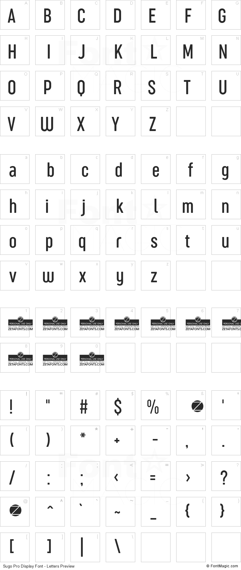 Sugo Pro Display Font - All Latters Preview Chart