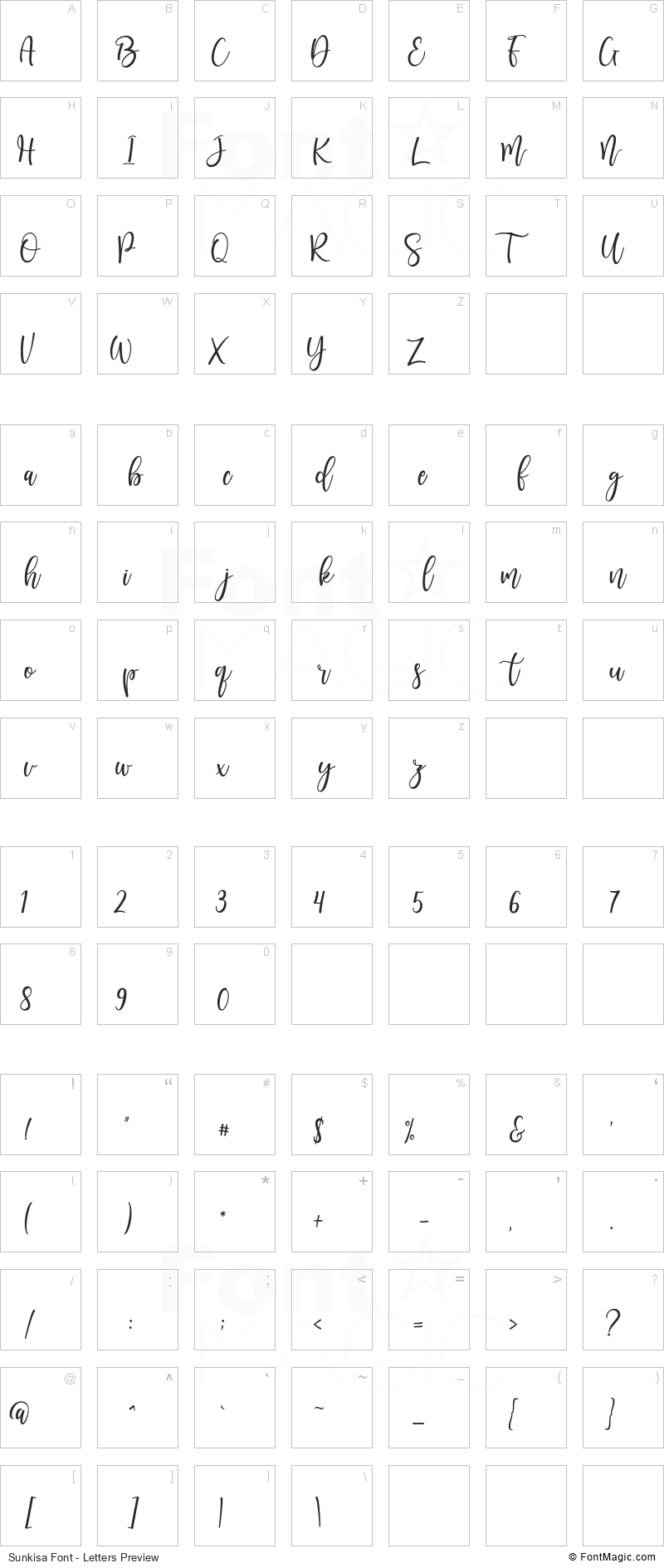 Sunkisa Font - All Latters Preview Chart