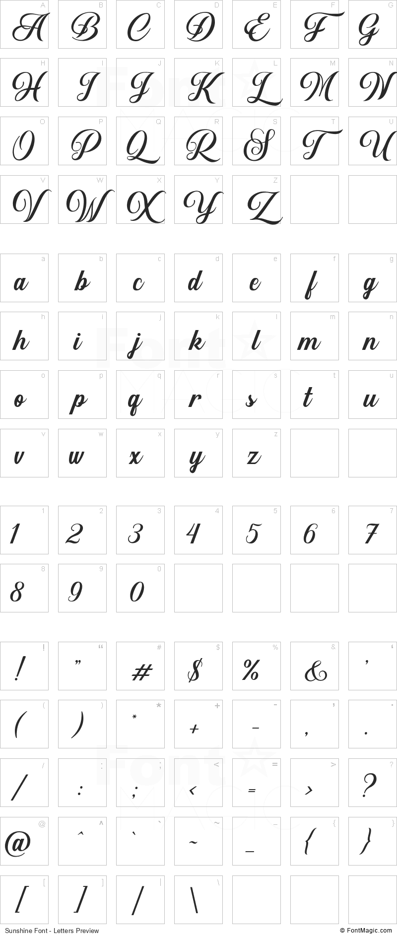 Sunshine Font - All Latters Preview Chart