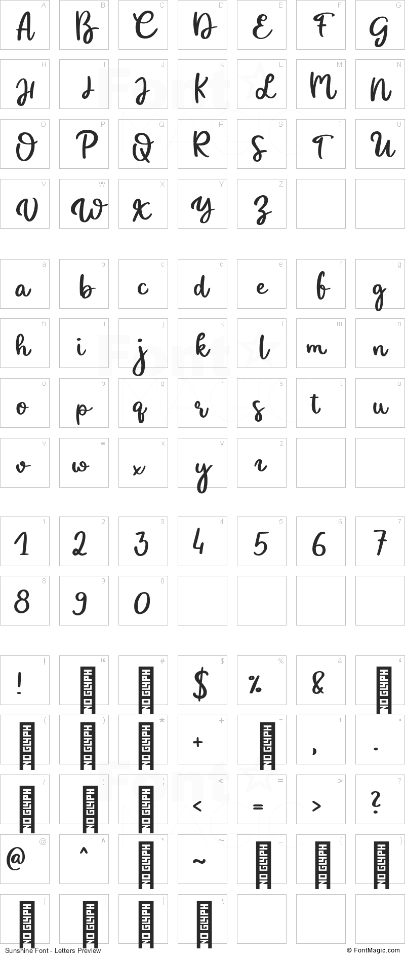Sunshine Font - All Latters Preview Chart