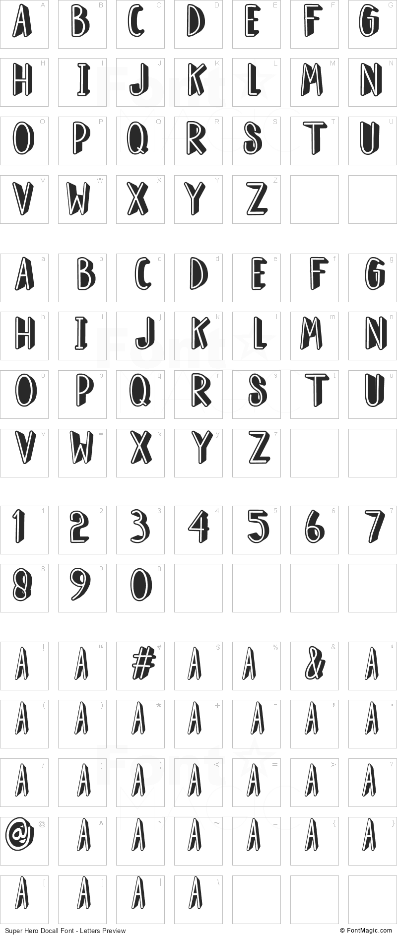 Super Hero Docall Font - All Latters Preview Chart