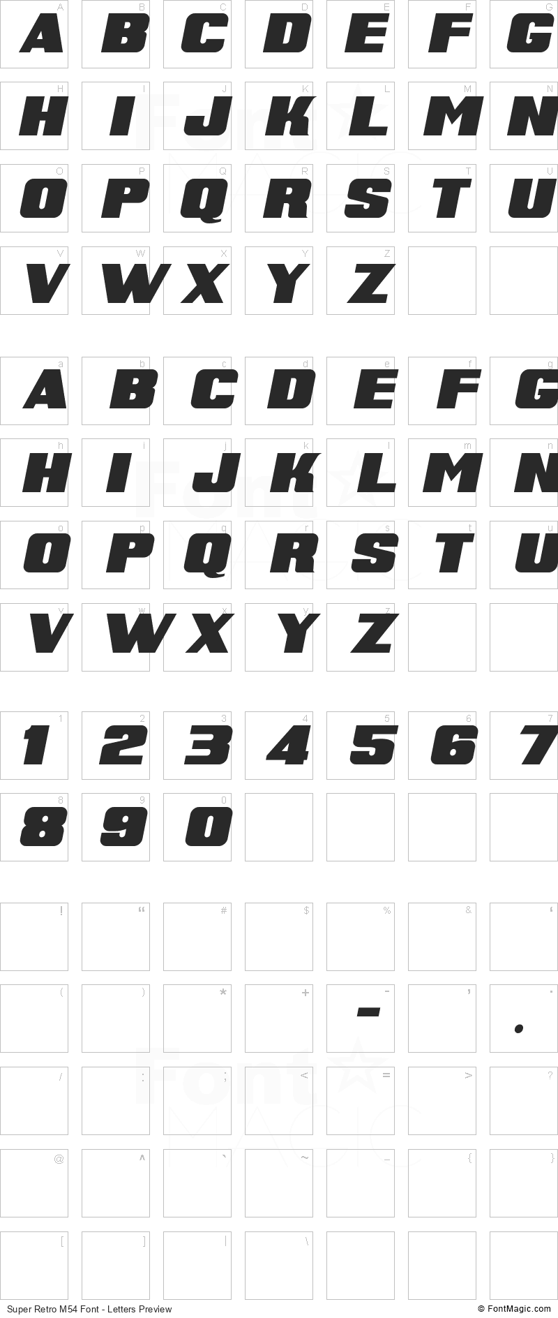 Super Retro M54 Font - All Latters Preview Chart