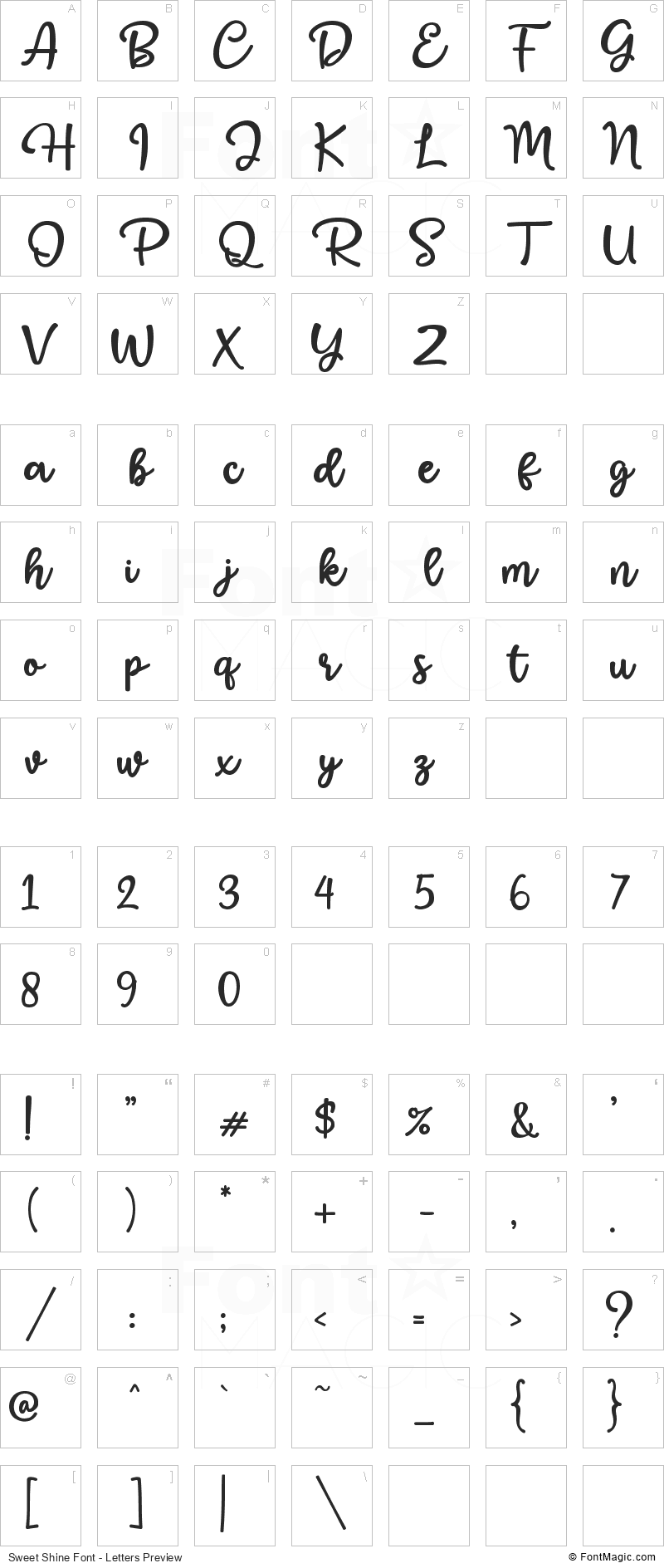 Sweet Shine Font - All Latters Preview Chart