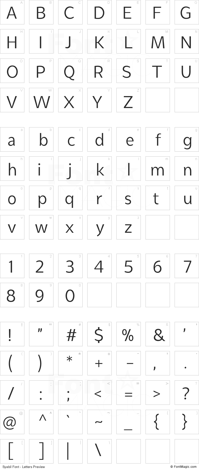 Syabil Font - All Latters Preview Chart