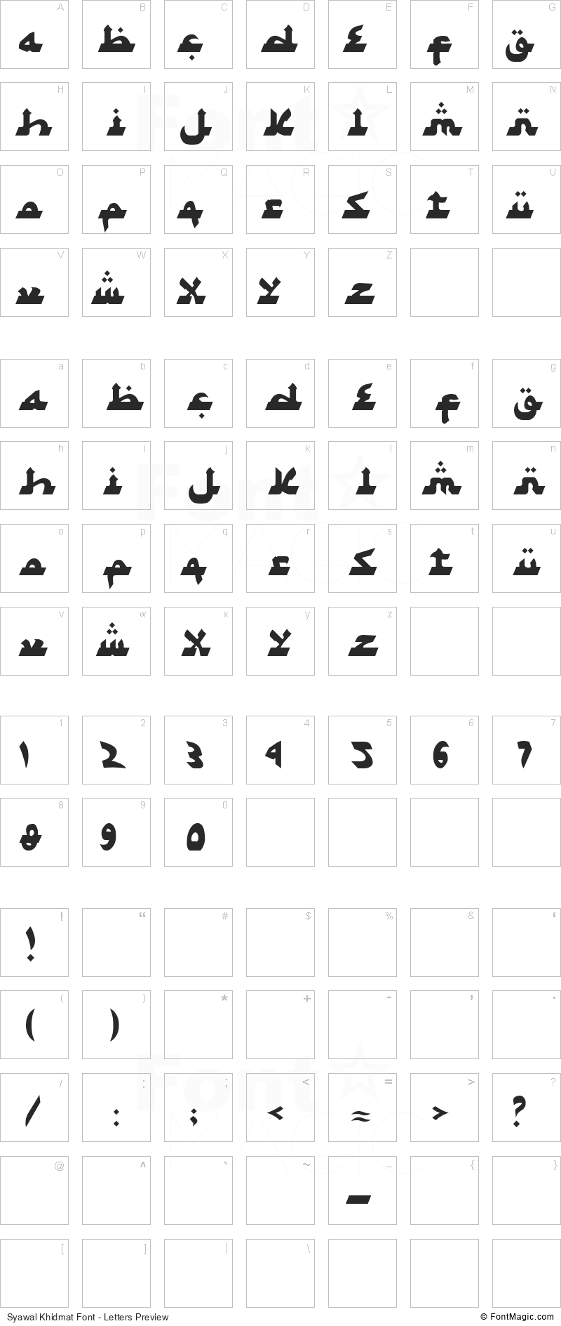 Syawal Khidmat Font - All Latters Preview Chart