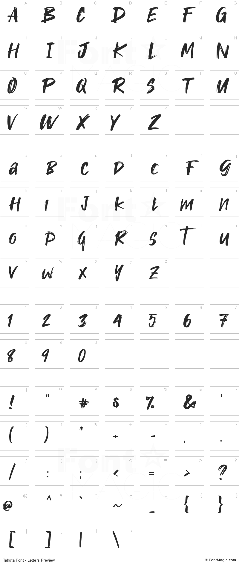 Takota Font - All Latters Preview Chart