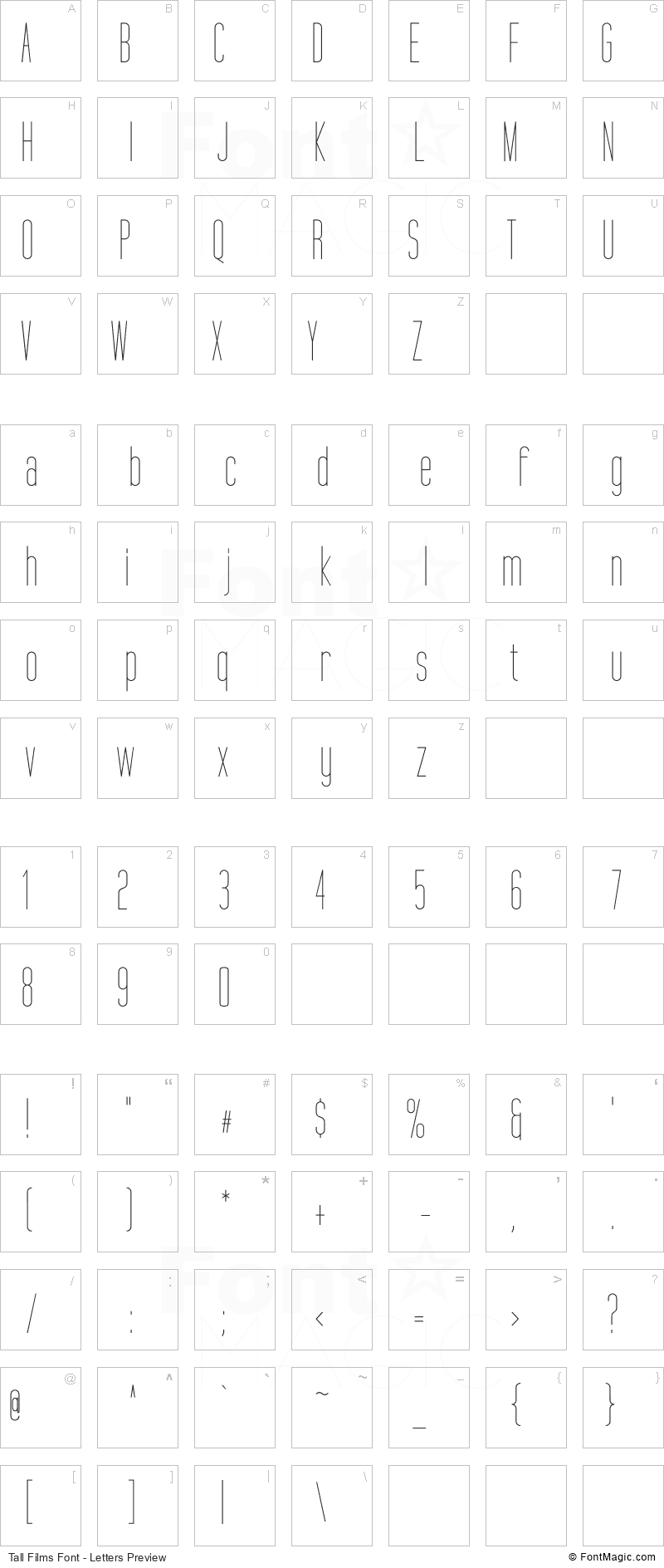 Tall Films Font - All Latters Preview Chart