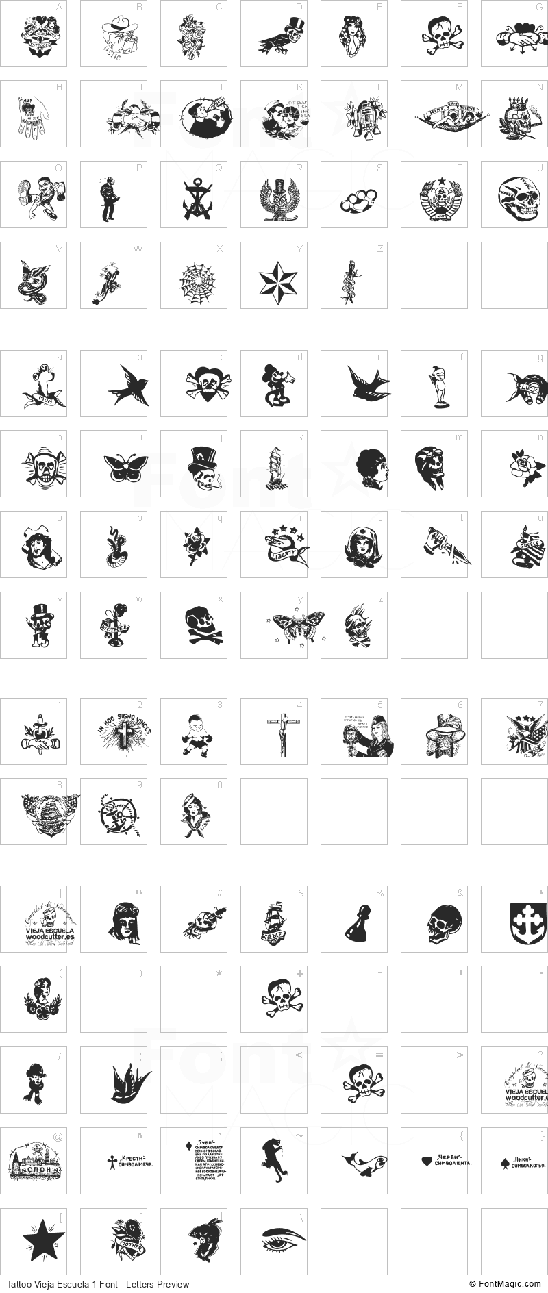 Tattoo Vieja Escuela 1 Font - All Latters Preview Chart