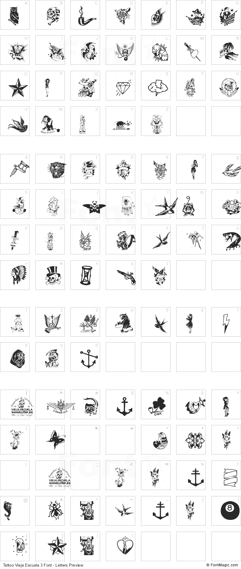 Tattoo Vieja Escuela 3 Font - All Latters Preview Chart