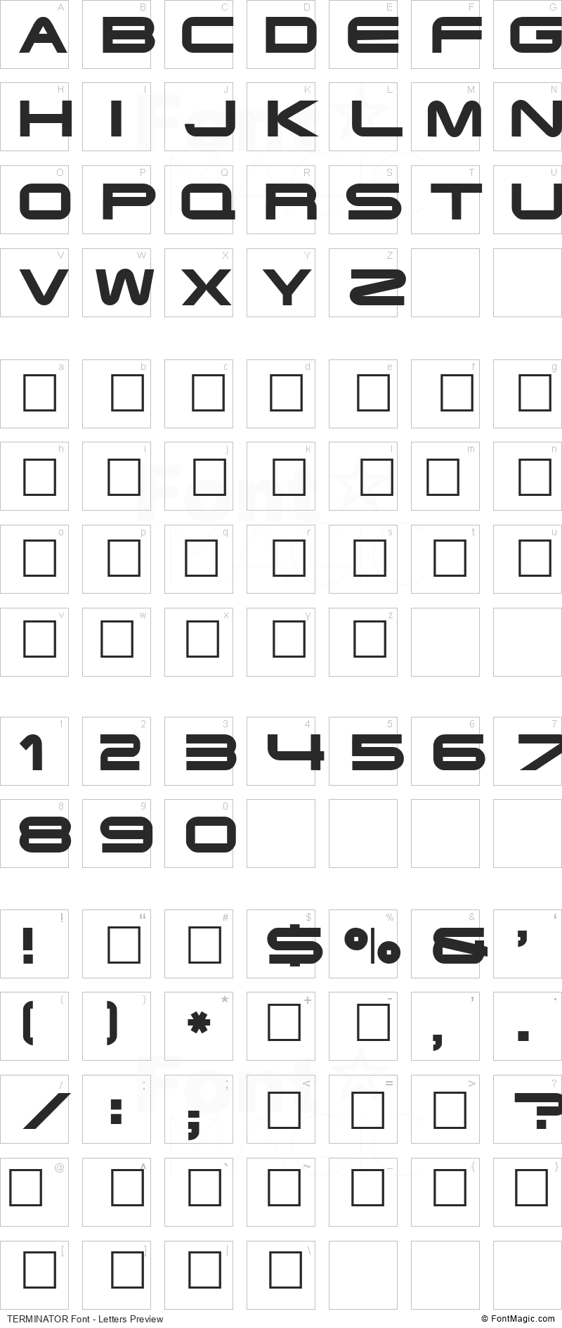 TERMINATOR Font - All Latters Preview Chart