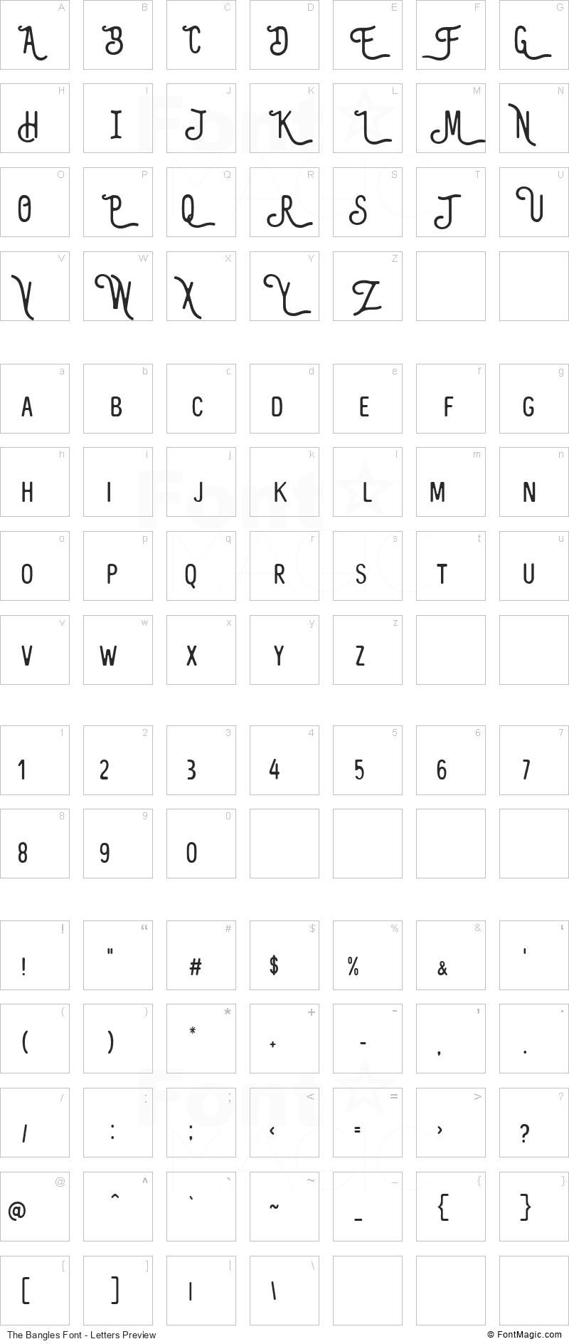 The Bangles Font - All Latters Preview Chart