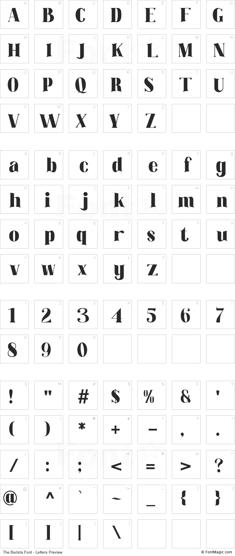 The Barista Font - All Latters Preview Chart