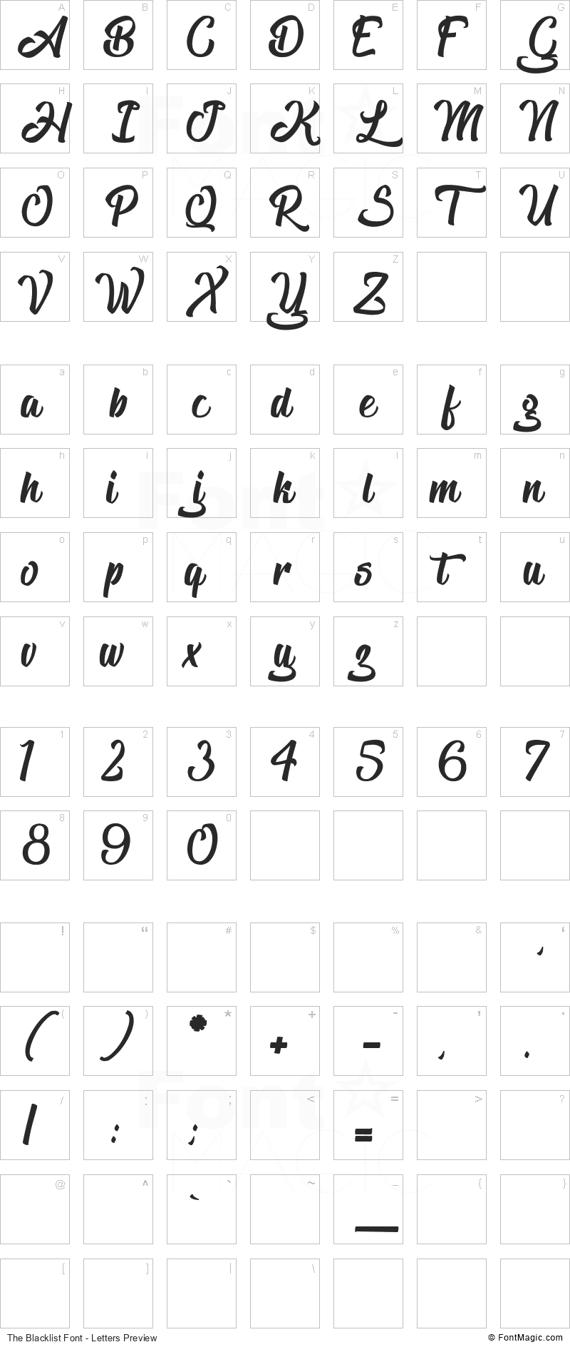 The Blacklist Font - All Latters Preview Chart