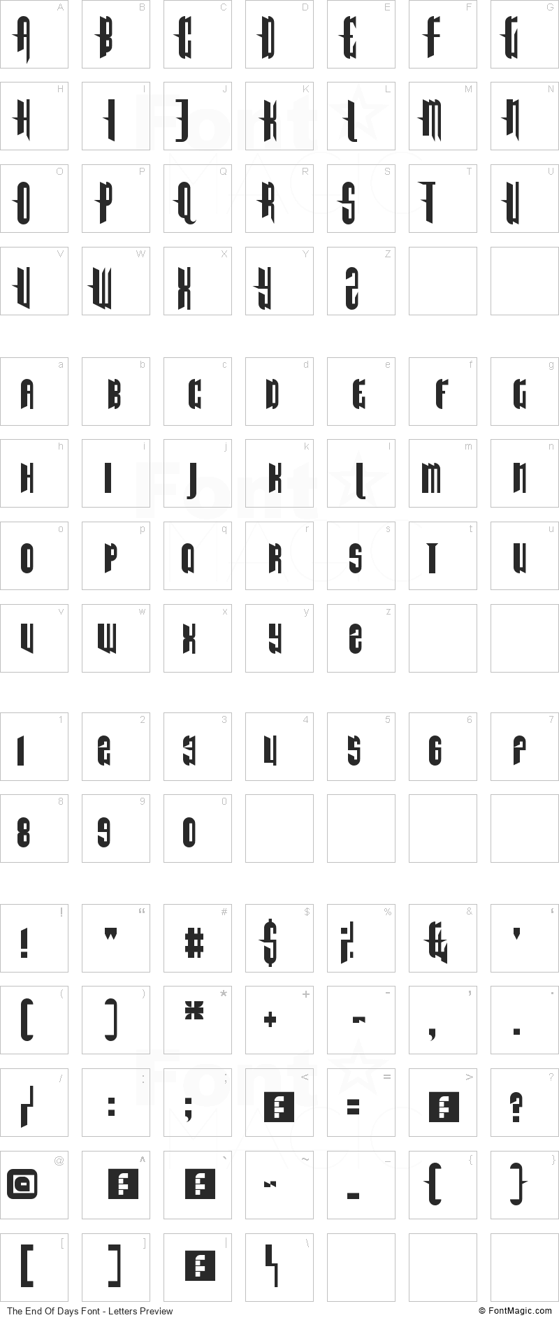 The End Of Days Font - All Latters Preview Chart