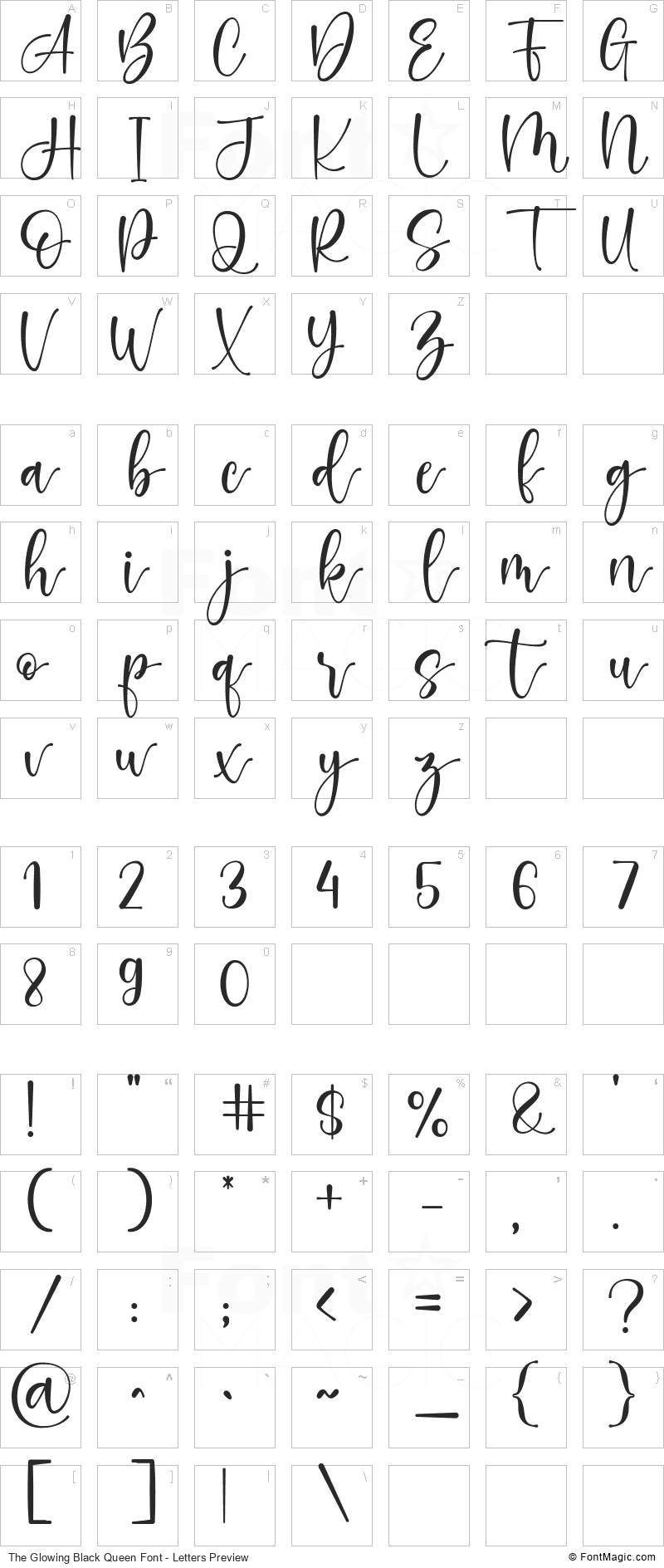 The Glowing Black Queen Font - All Latters Preview Chart