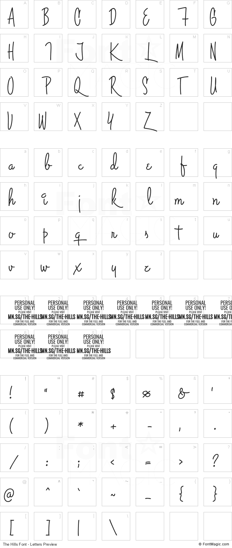 The Hills Font - All Latters Preview Chart
