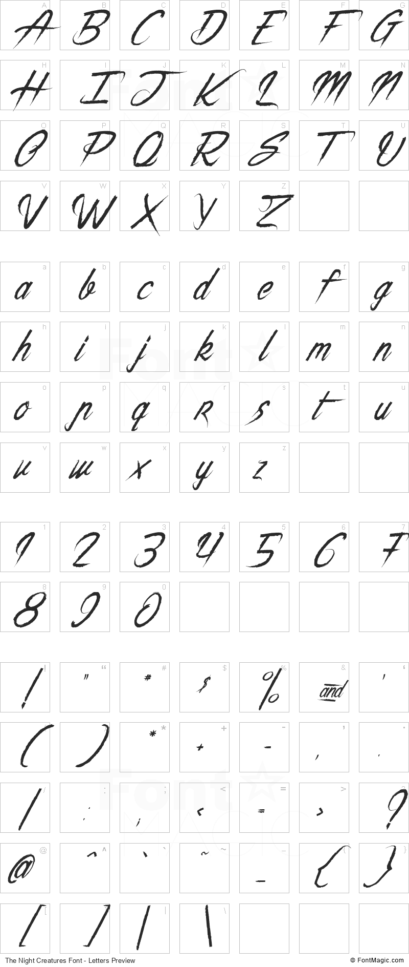 The Night Creatures Font - All Latters Preview Chart