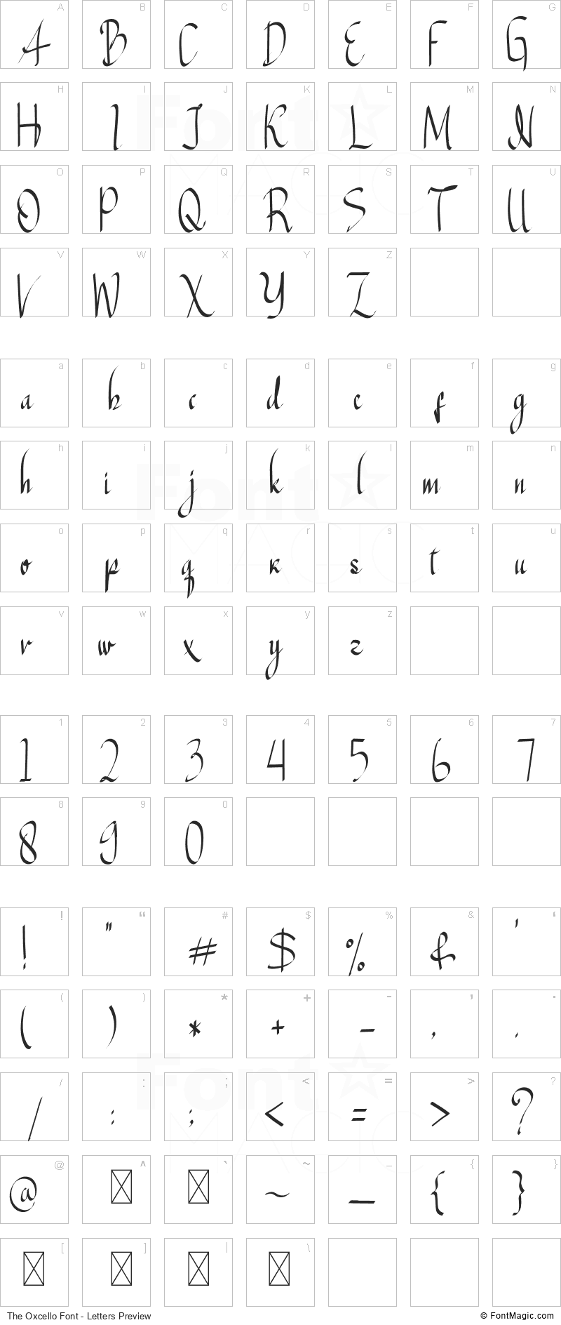The Oxcello Font - All Latters Preview Chart