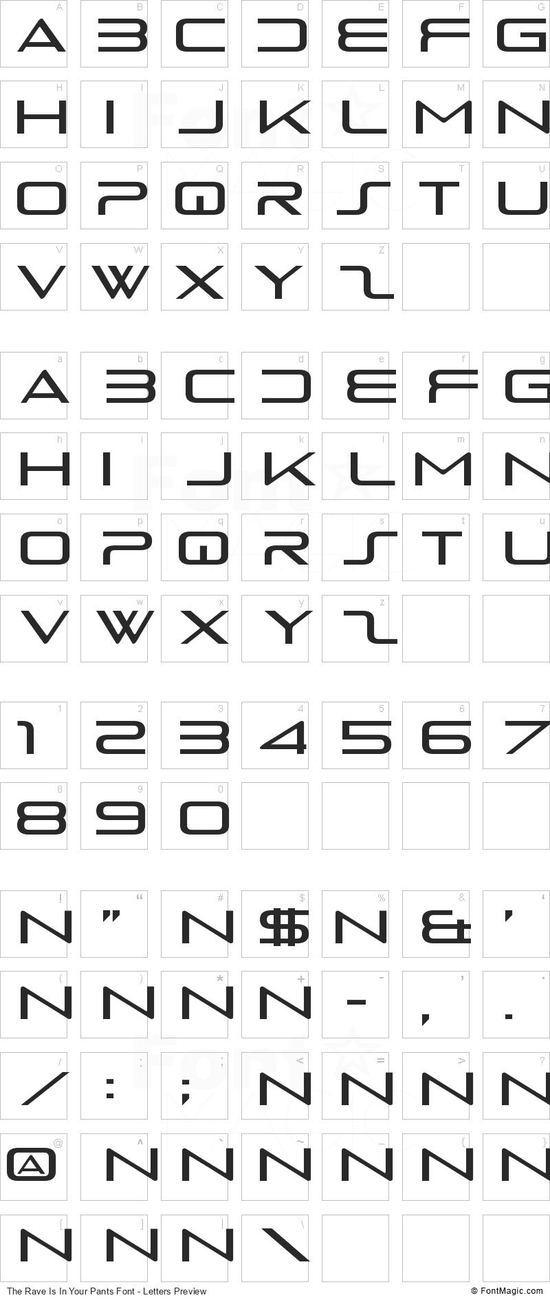 The Rave Is In Your Pants Font - All Latters Preview Chart