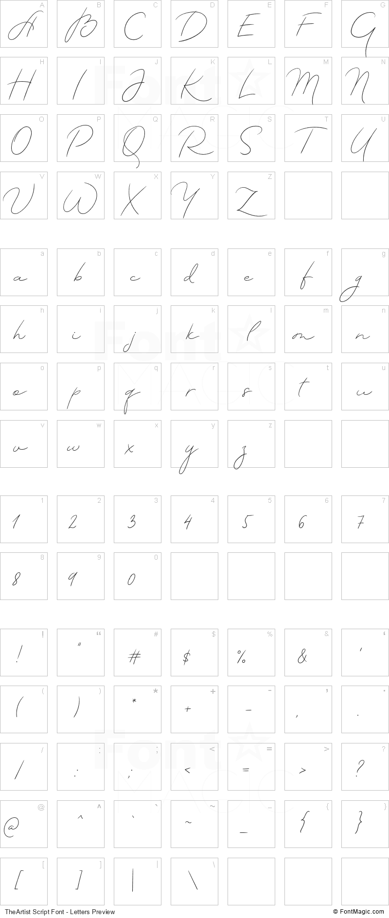TheArtist Script Font - All Latters Preview Chart