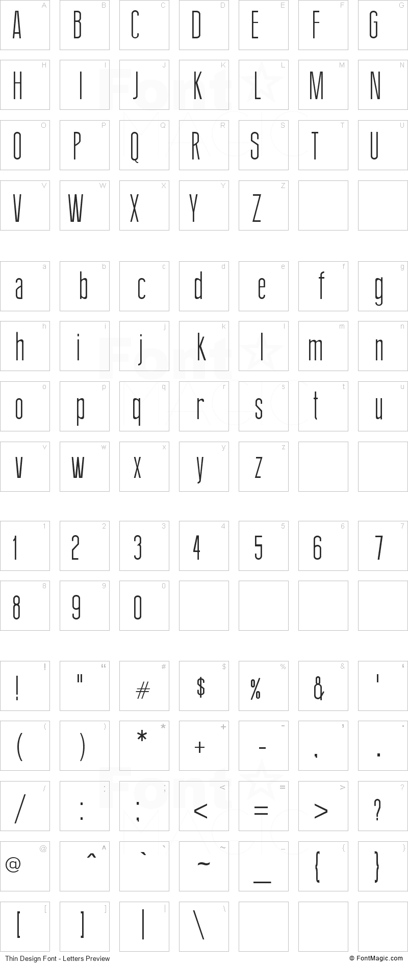 Thin Design Font - All Latters Preview Chart