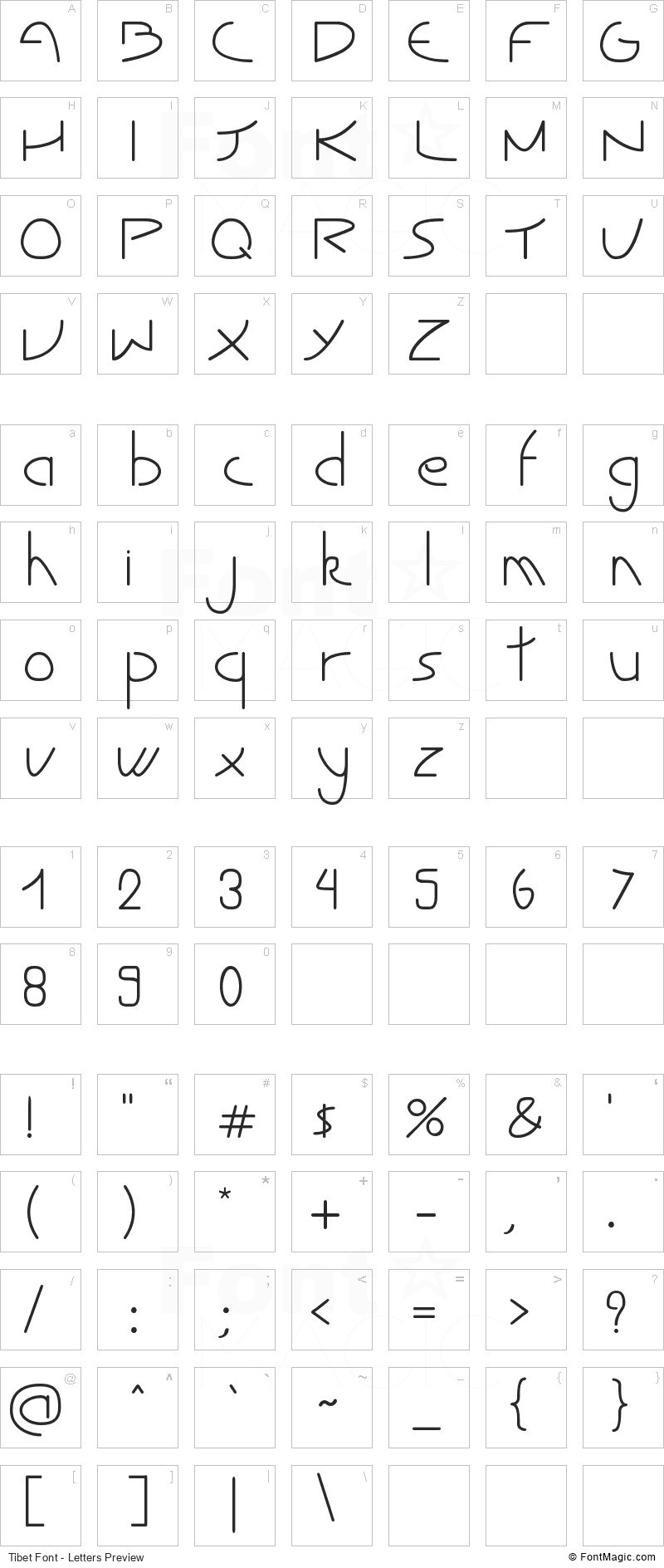 Tibet Font - All Latters Preview Chart