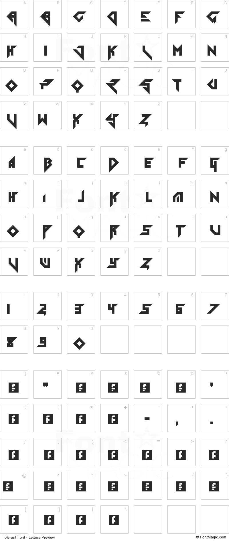 Tolerant Font - All Latters Preview Chart