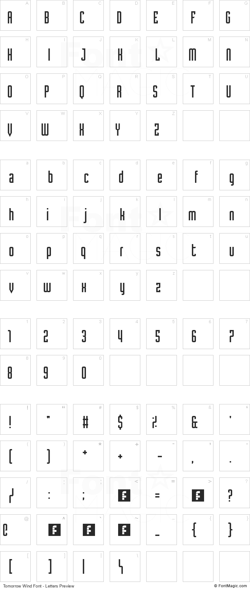 Tomorrow Wind Font - All Latters Preview Chart