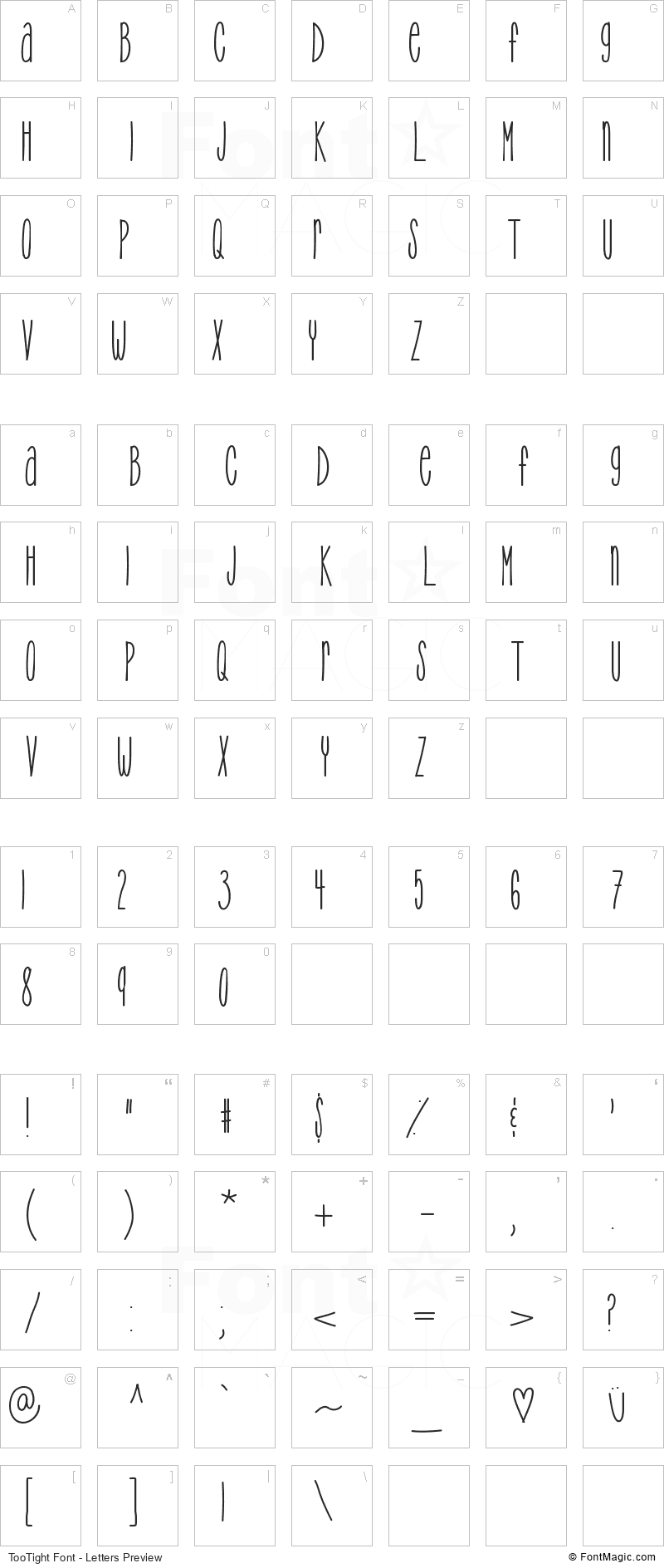 TooTight Font - All Latters Preview Chart