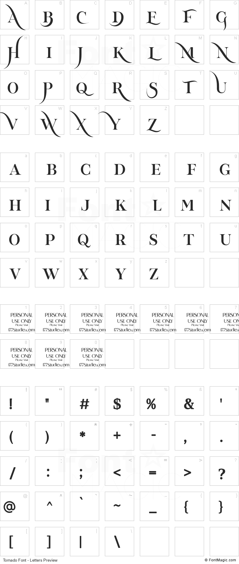 Tornado Font - All Latters Preview Chart
