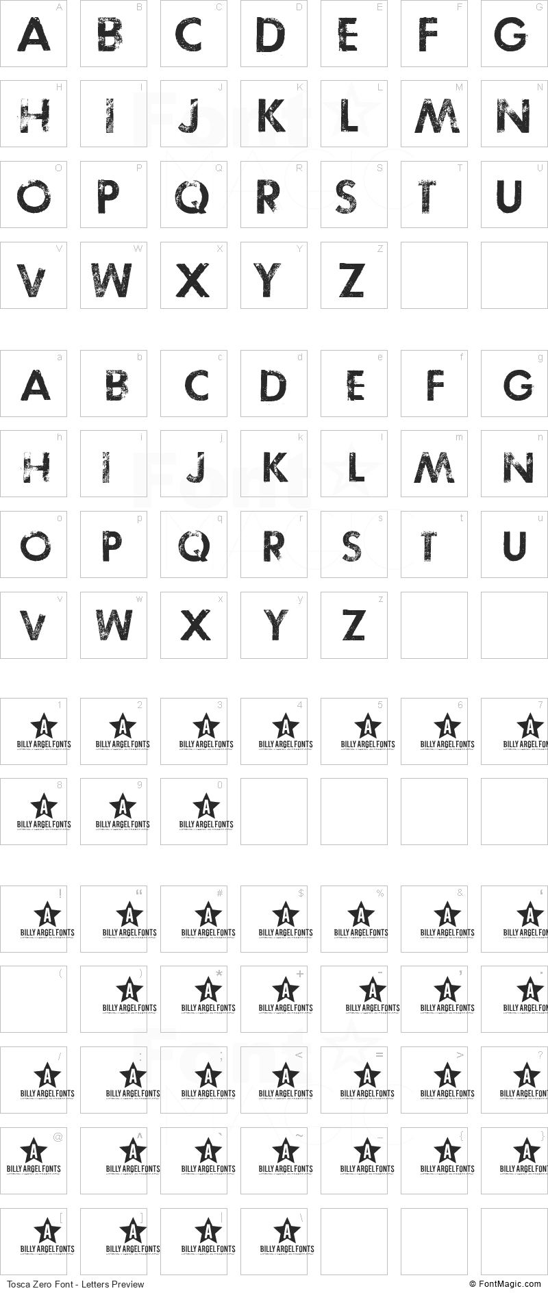 Tosca Zero Font - All Latters Preview Chart
