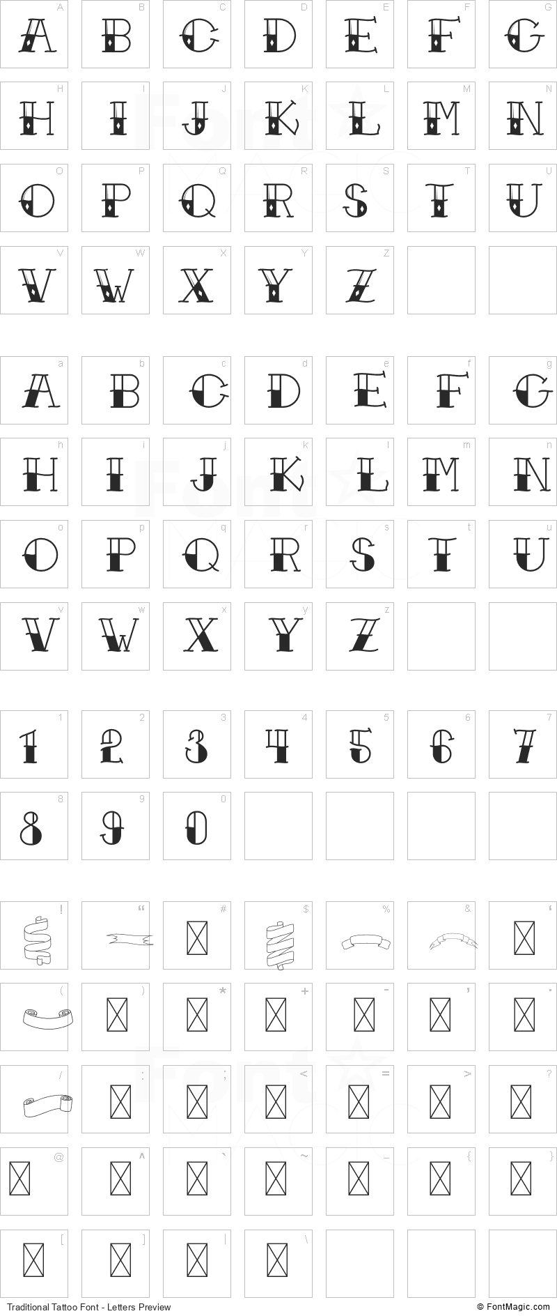 Traditional Tattoo Font - All Latters Preview Chart